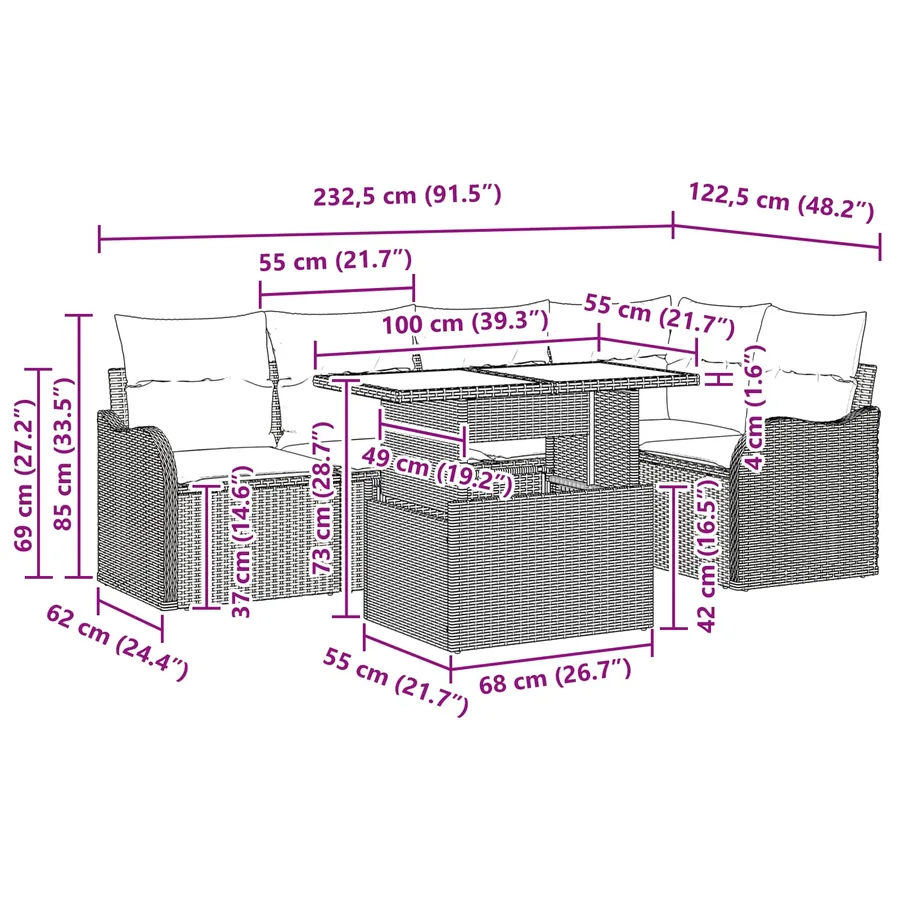 Ensemble de canapé de jardin 6 pcs Marron Poly Rattan - 16