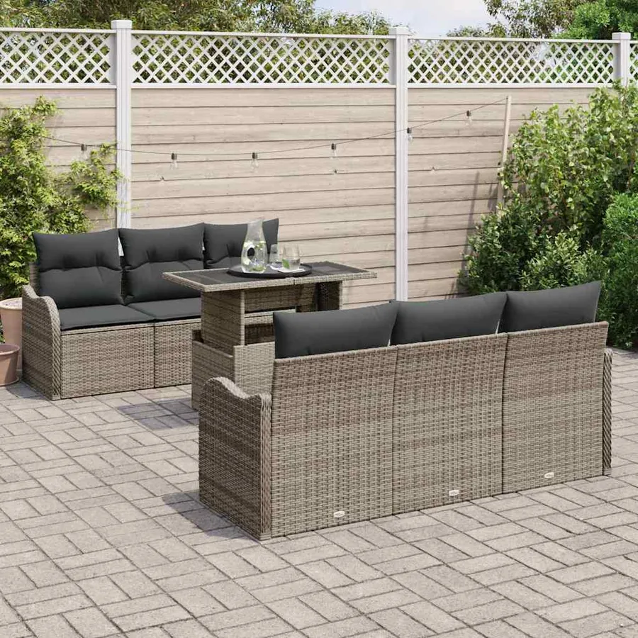 Ensemble de canapé de jardin avec coussin 7 pcs Gris Poly rotin - 3