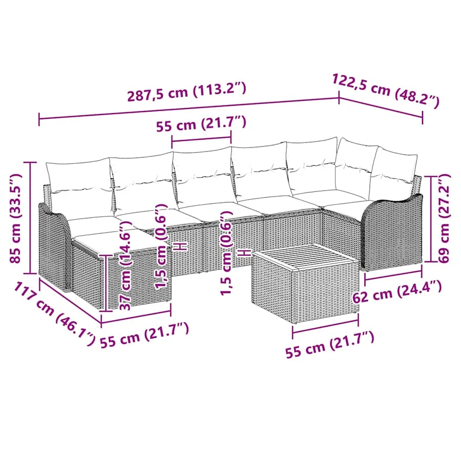 Ensemble de canapé de jardin avec coussin 8 pcs Gris polyrotin - 8