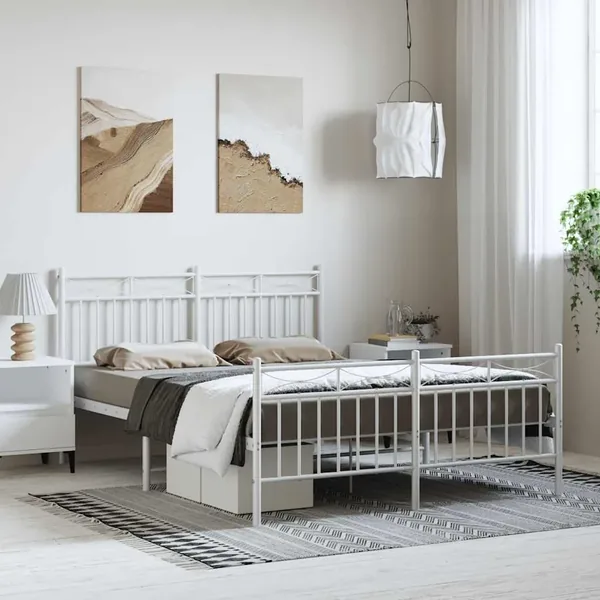 Cadre de lit métal sans matelas et pied de lit blanc 135x190 cm