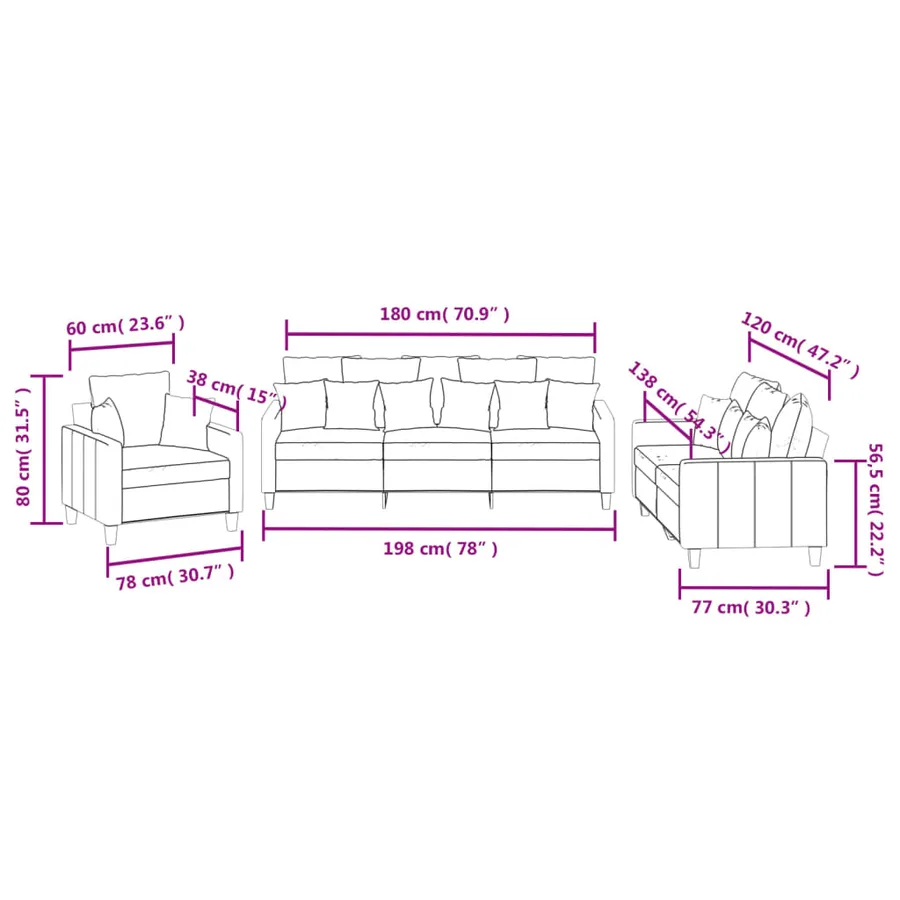 Ensemble de canapés 3 pcs avec coussins rouge bordeaux tissu - 8