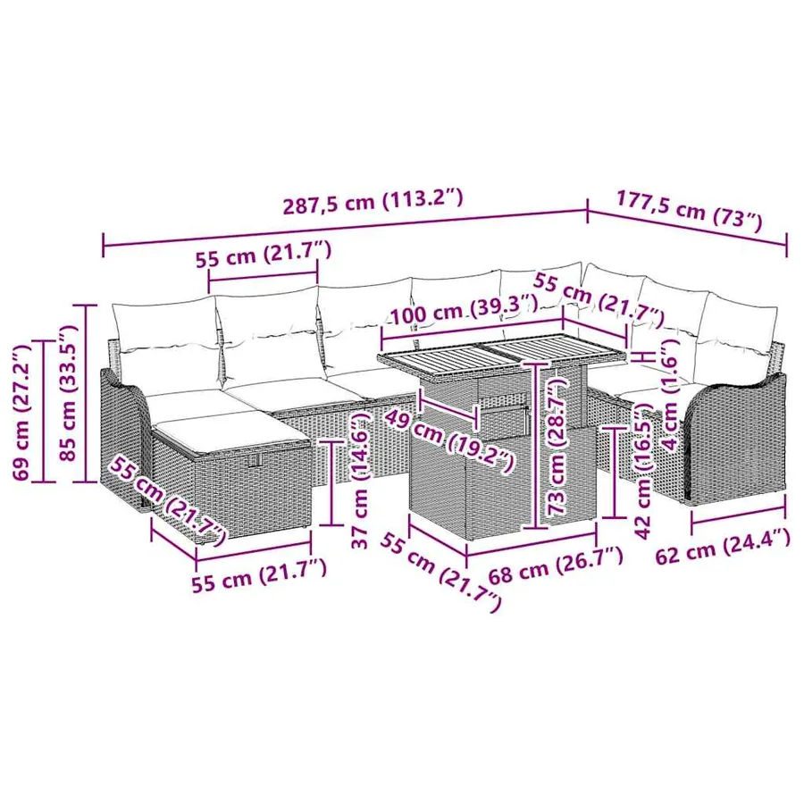 Ensemble de canapé de jardin avec coussin 9 pcs Gris polyrotin - 13