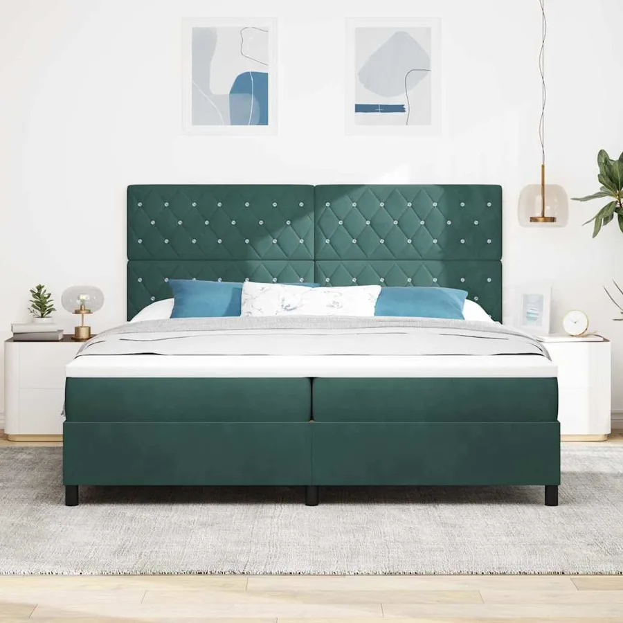 Lit à ressort LED avec matelas Vert foncé 200 x 200 cm Velours - 4