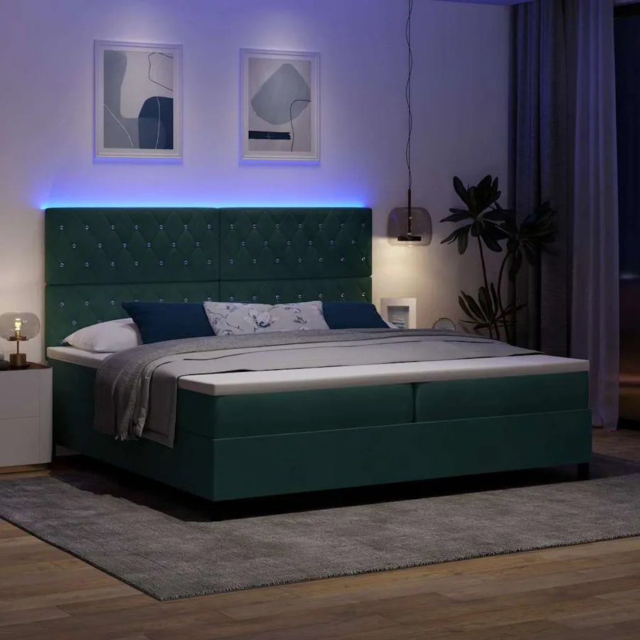 Lit à ressort LED avec matelas Vert foncé 200 x 200 cm Velours - 5