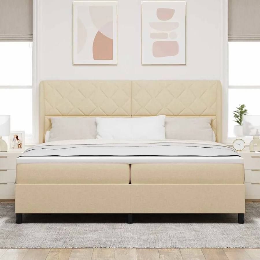 Lit à ressorts avec tête de lit Crème 200 x 200 cm tissu - 3