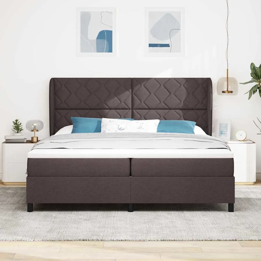 Lit à ressorts avec tête de lit Marron foncé 200 x 200 cm tissu - 3