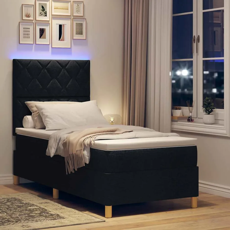 Lit à ressort LED avec tête de lit Noir 100 x 200 cm tissu - 5