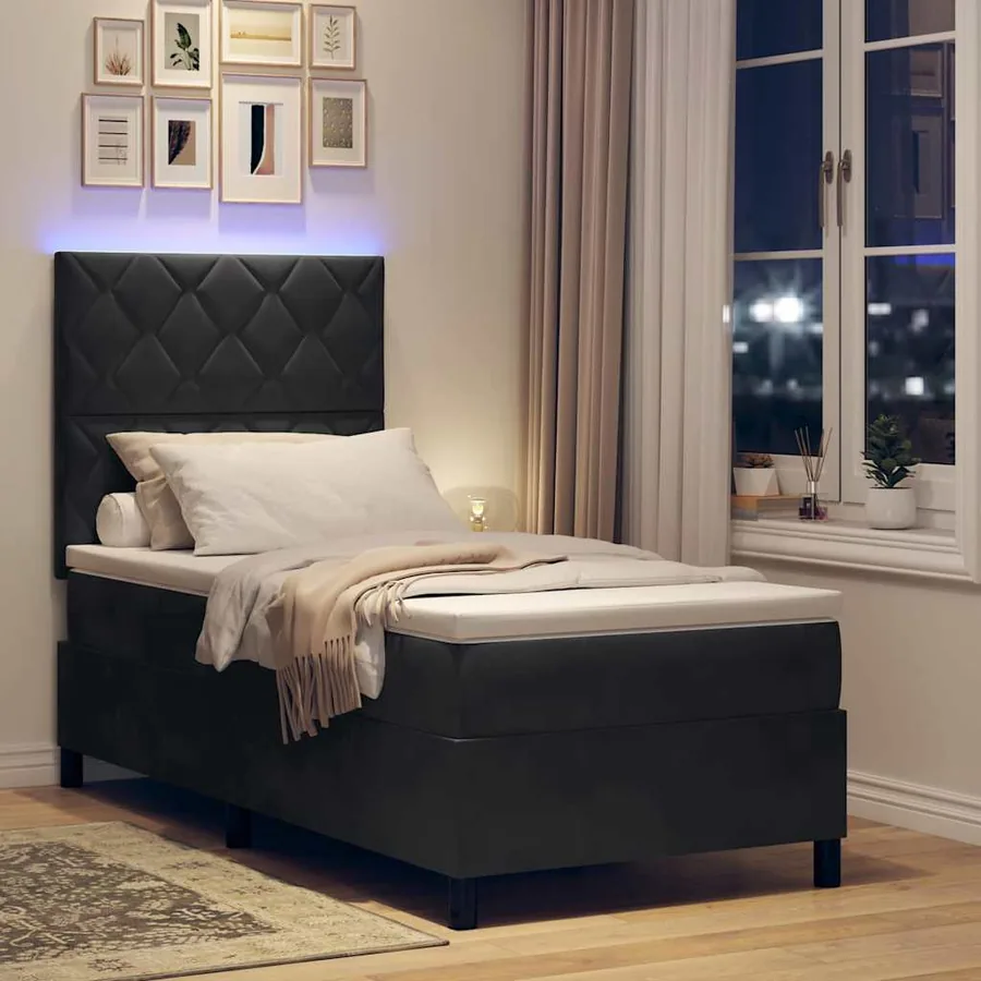 Lit à ressort LED avec tête de lit Noir 100 x 200 cm Velours - 5