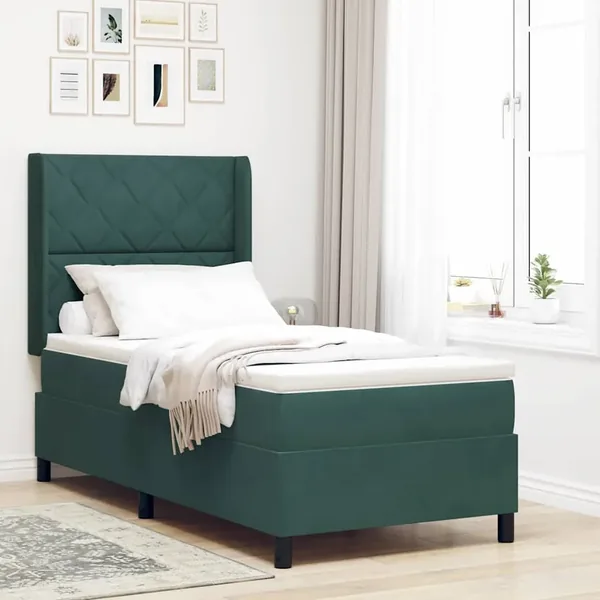 Lit à ressorts avec tête de lit Vert foncé 90 x 190 cm Velours