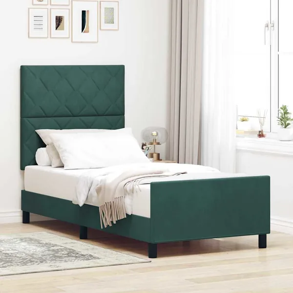 Lit à ressorts avec tête de lit Vert foncé 90 x 190 cm Velours