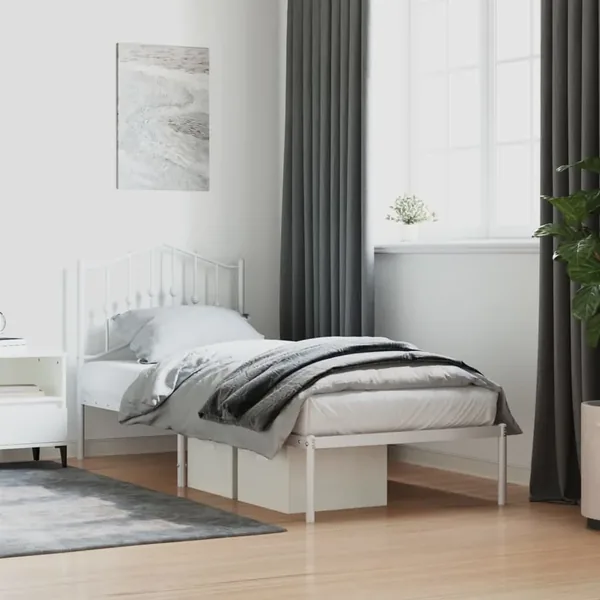 Cadre de lit métal sans matelas avec tête de lit blanc 90x190cm