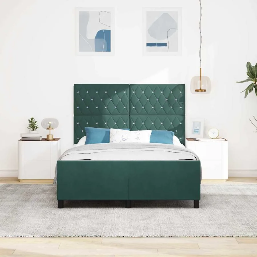 Lit à ressorts avec tête de lit Vert foncé 140 x 190 cm Velours - 3