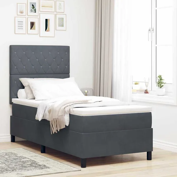 Lit à ressorts avec matelas Gris foncé 90 x 200 cm Velours