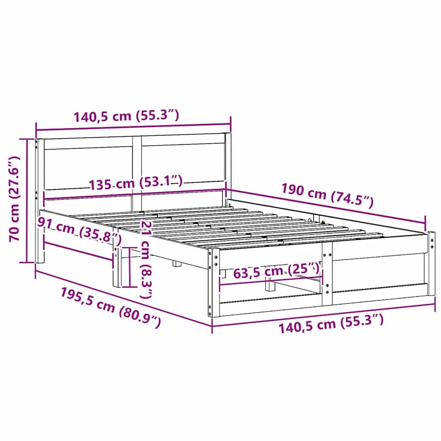 Cadre de lit avec tête de lit Naturel 135 x 190 cm Pin massif - 10
