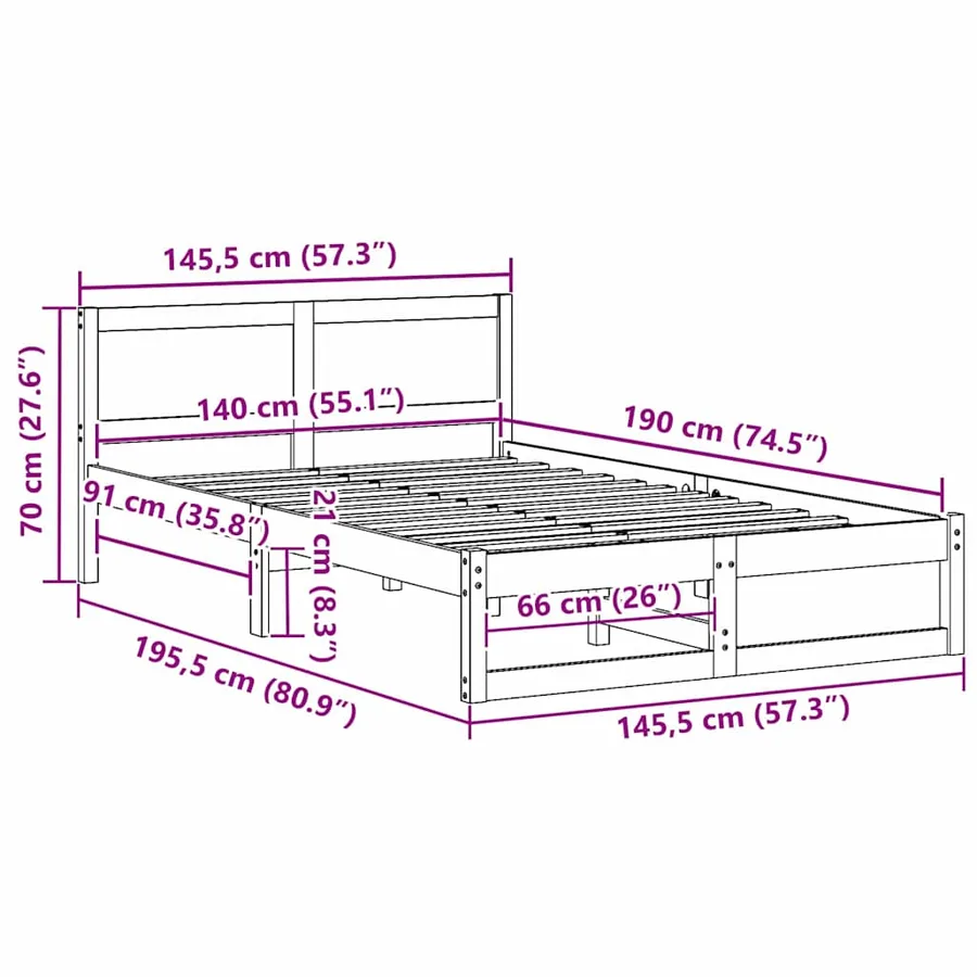 Cadre de lit avec tête de lit Naturel 140 x 190 cm Pin massif - 8