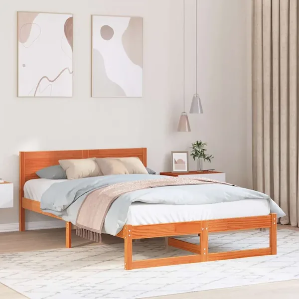 Cadre de lit avec tête de lit Brun cire 135 x 190 cm Pin massif