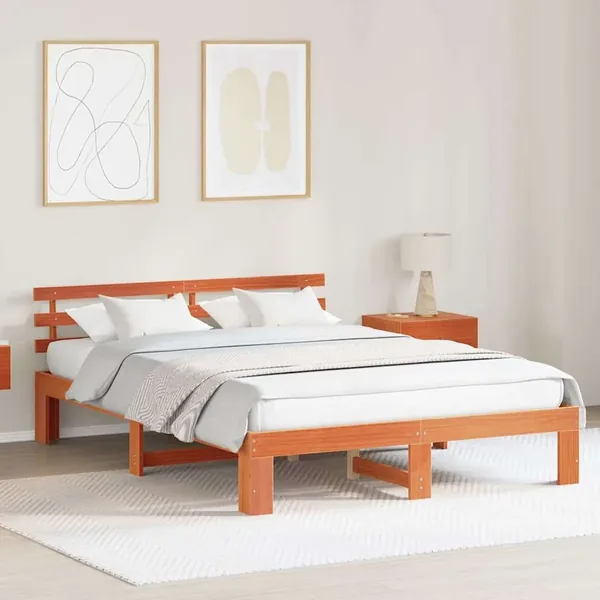 Cadre de lit avec tête de lit Brun cire 140 x 200 cm Pin massif