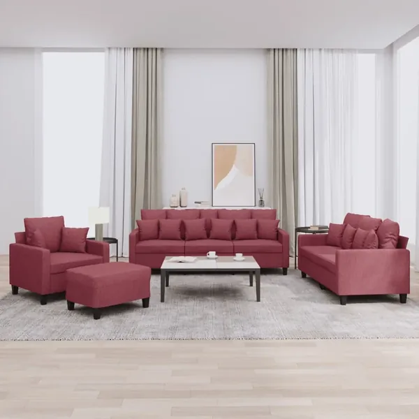Ensemble de canapés 4 pcs avec coussins rouge bordeaux tissu