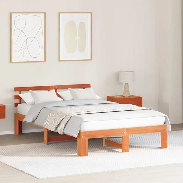 Cadre de lit avec tête de lit Brun cire 135 x 190 cm Pin massif