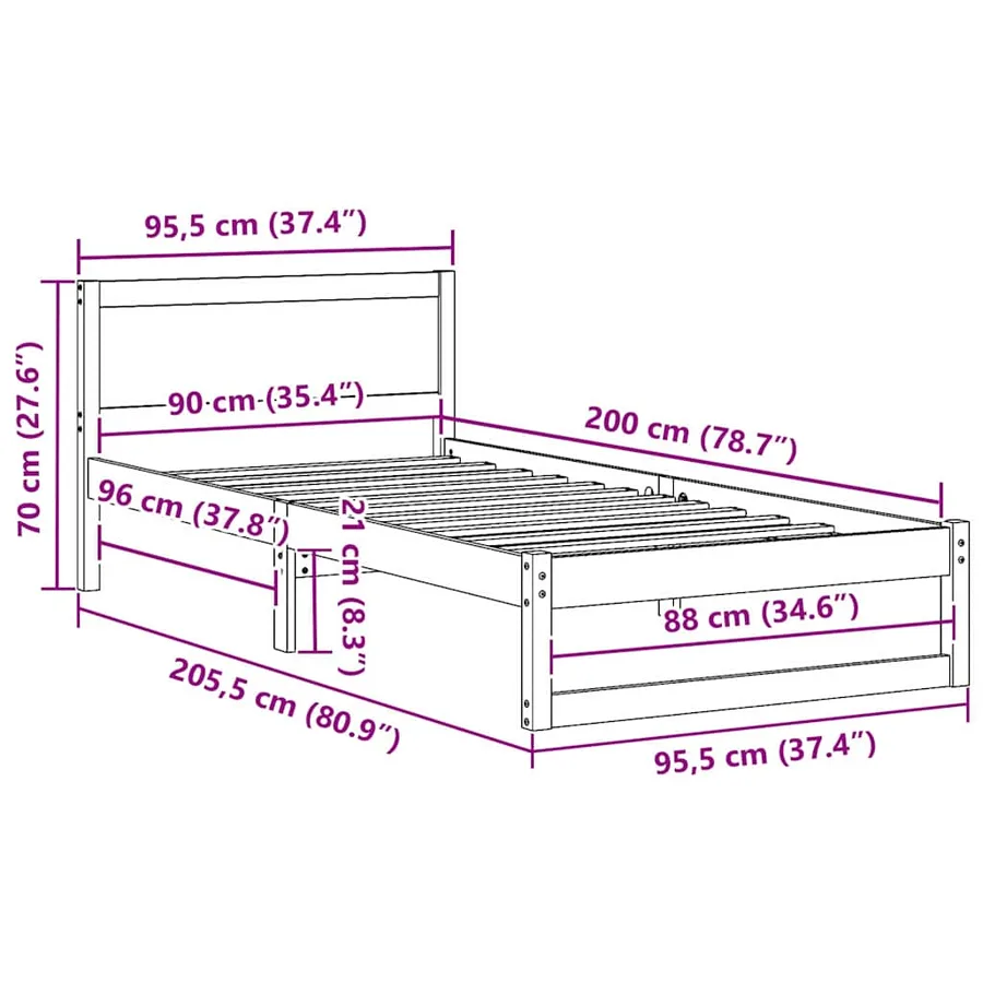 Cadre de lit avec tête de lit Naturel 90 x 200 cm Pin massif - 8