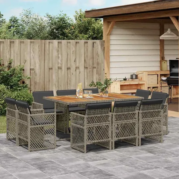 Ensemble à manger de jardin 11pcs avec coussins gris poly rotin