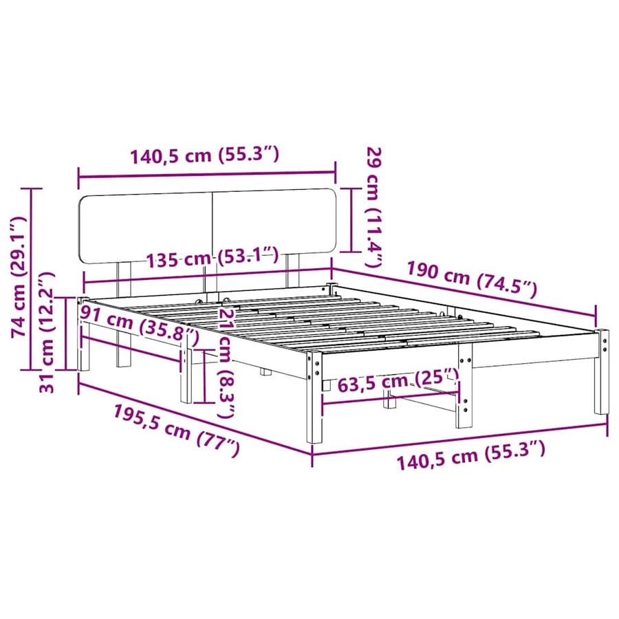 Cadre de lit avec tête de lit Blanc 135 x 190 cm Pin massif - 10