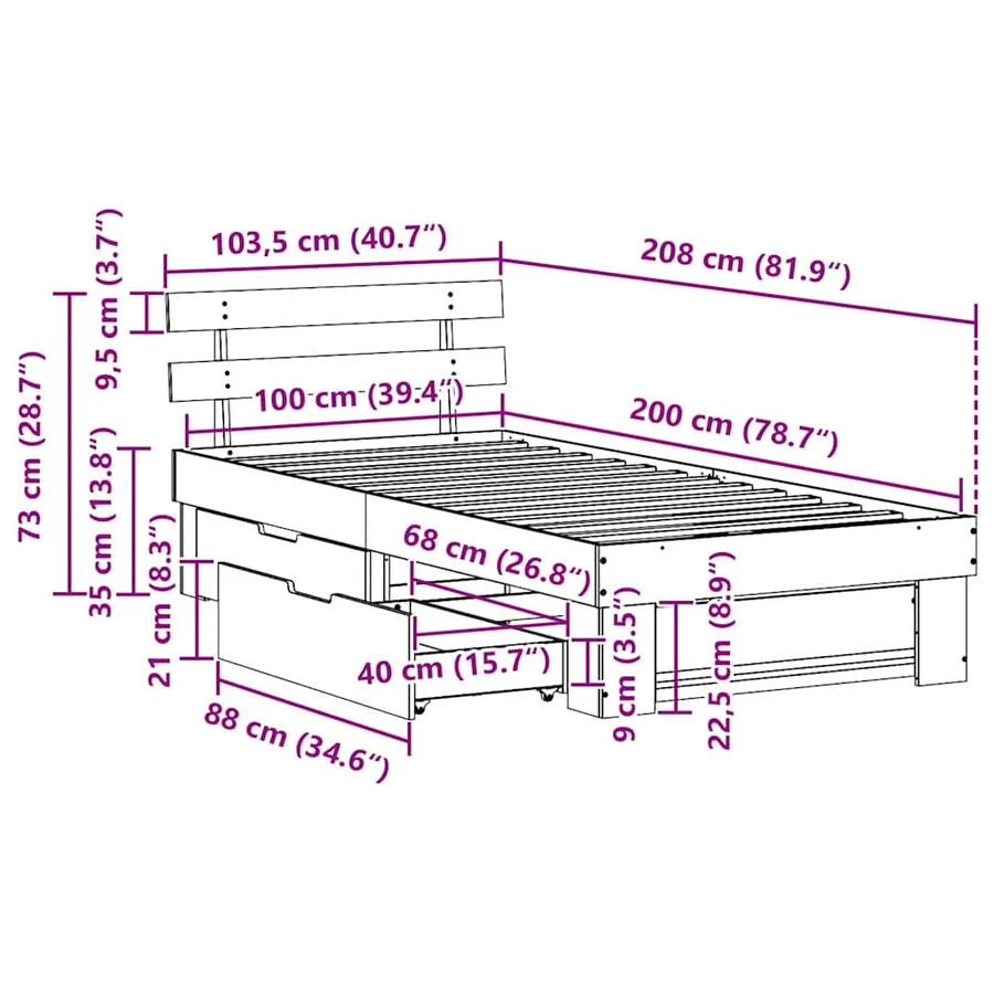 Cadre de lit avec tête de lit Blanc 100 x 200 cm Pin massif - 14