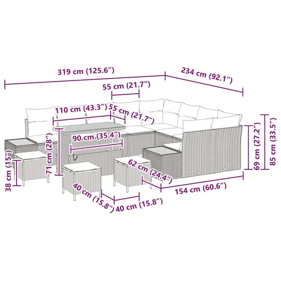 Ensemble de canapé de jardin 13 pcs Noir Poly rotin - 18