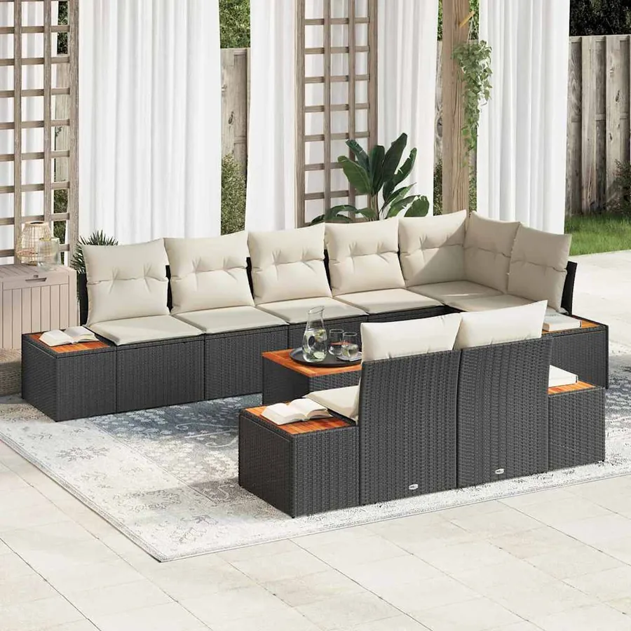 Ensemble de canapé de jardin 8 pcs Noir et Crème Polyrotin