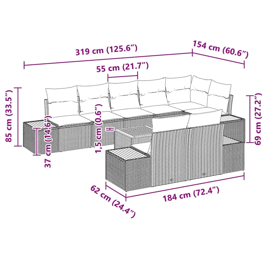 Ensemble de canapé de jardin 8 pcs Noir et Crème Polyrotin - 13