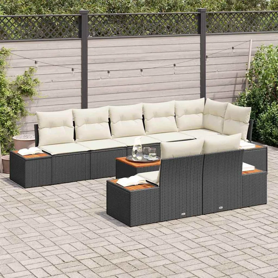 Ensemble de canapé de jardin 8 pcs Noir et Crème Polyrotin - 3