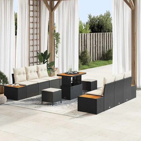 Ensemble de canapé de jardin avec coussin 9 pcs Noir Poly rotin
