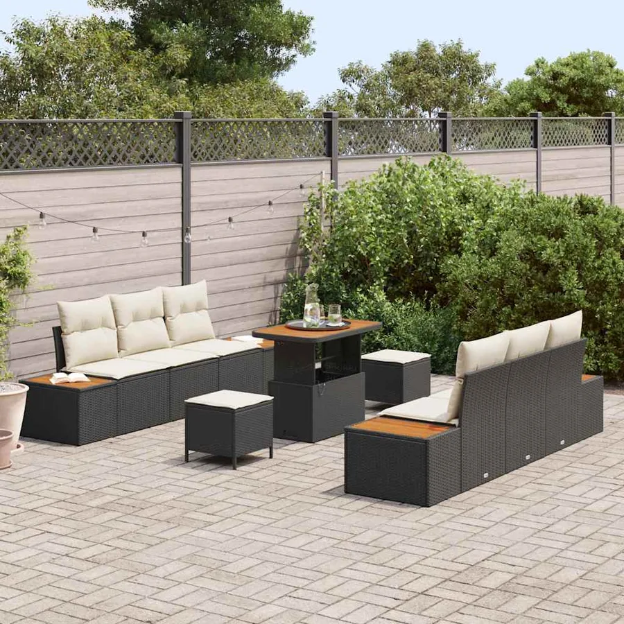 Ensemble de canapé de jardin avec coussin 9 pcs Noir Poly rotin - 3