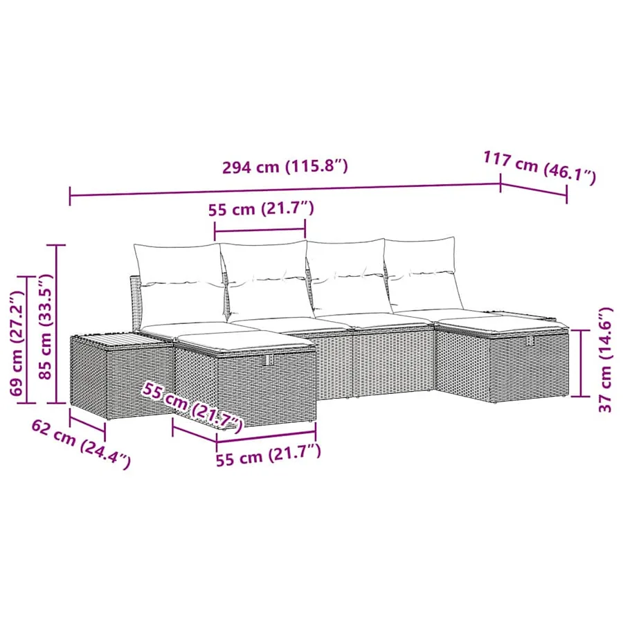 Ensemble de canapé de jardin 6 pcs Noir 55 x 62 x 69 cm - 12