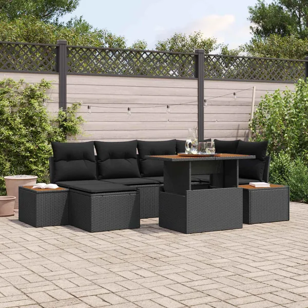 Ensemble de canapé de jardin 7 pcs Noir Poly rotin