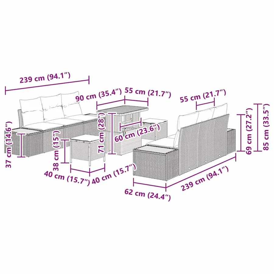Ensemble de canapé de jardin 9 pcs Beige Poly rotin - 15