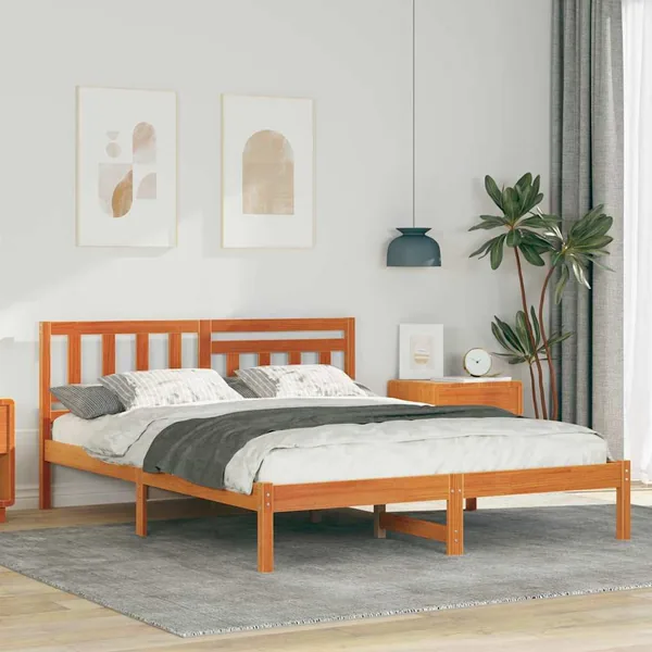 Cadre de lit avec tête de lit Brun cire 120 x 190 cm Pin massif