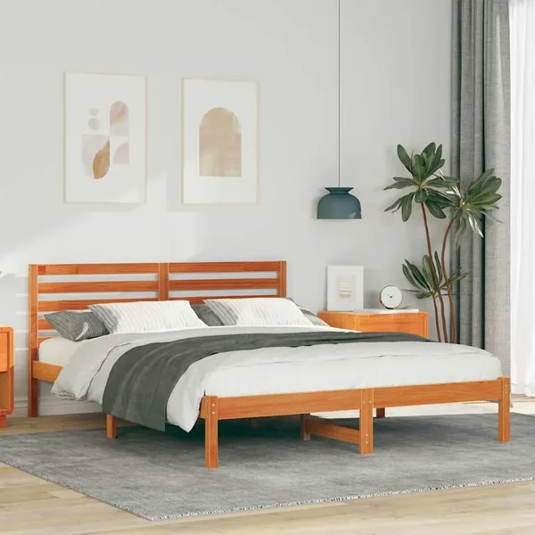 Cadre de lit avec tête de lit Brun cire 150 x 200 cm Pin massif