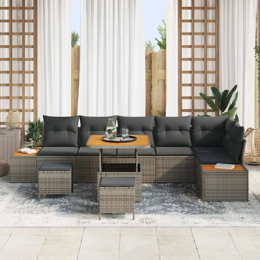 Ensemble de canapé de jardin avec coussin 9 pcs Gris Poly rotin - 3