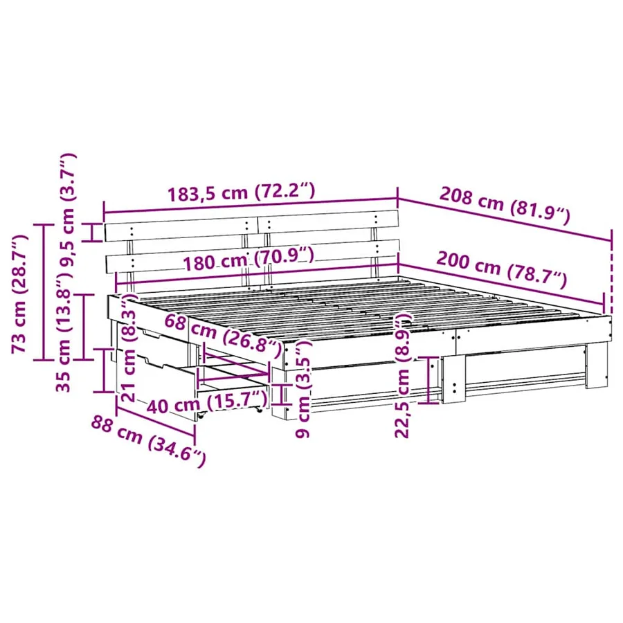 Cadre de lit avec tête de lit Brun cire 180 x 200 cm Pin massif - 14