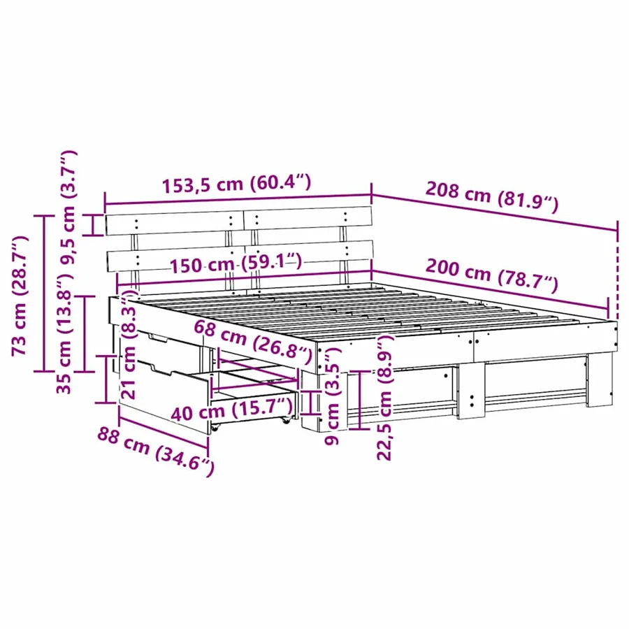 Cadre de lit avec tête de lit Brun cire 150 x 200 cm Pin massif - 14