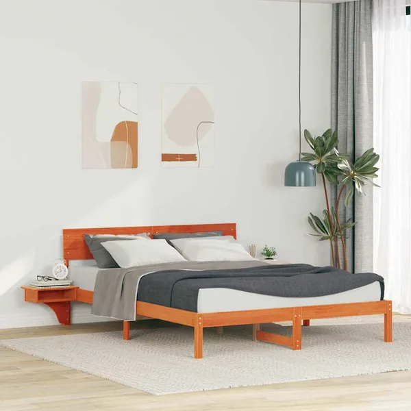 Cadre de lit avec tête de lit Brun cire 160 x 200 cm Pin massif