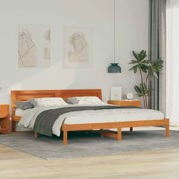 Cadre de lit avec tête de lit Brun cire 180 x 200 cm Pin massif