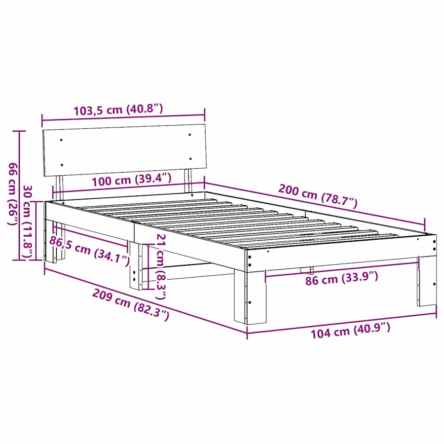 Cadre de lit avec tête de lit Naturel 100 x 200 cm Pin massif - 8