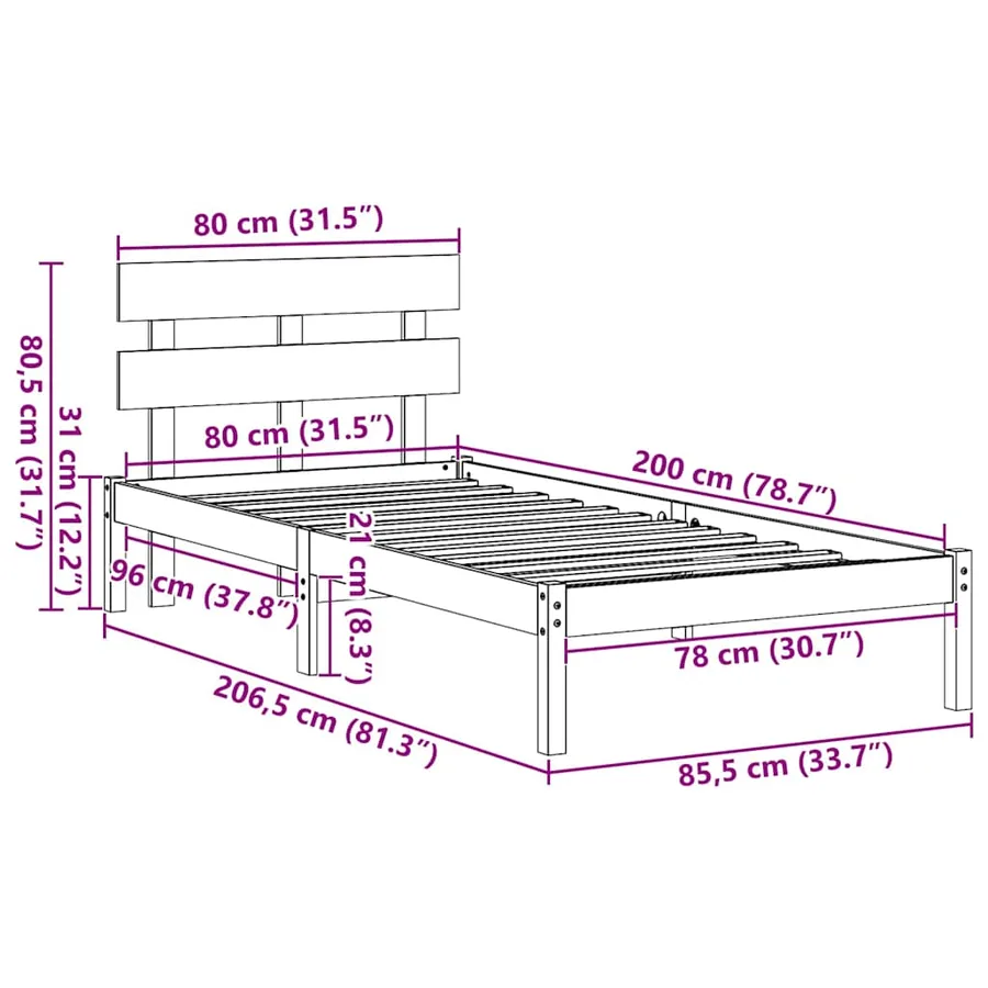 Cadre de lit Blanc 80 x 200 cm Bois de pin massif - 8