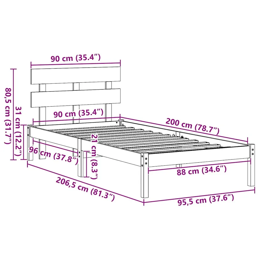 Cadre de lit Marron 90 x 200 cm Bois de pin massif - 10