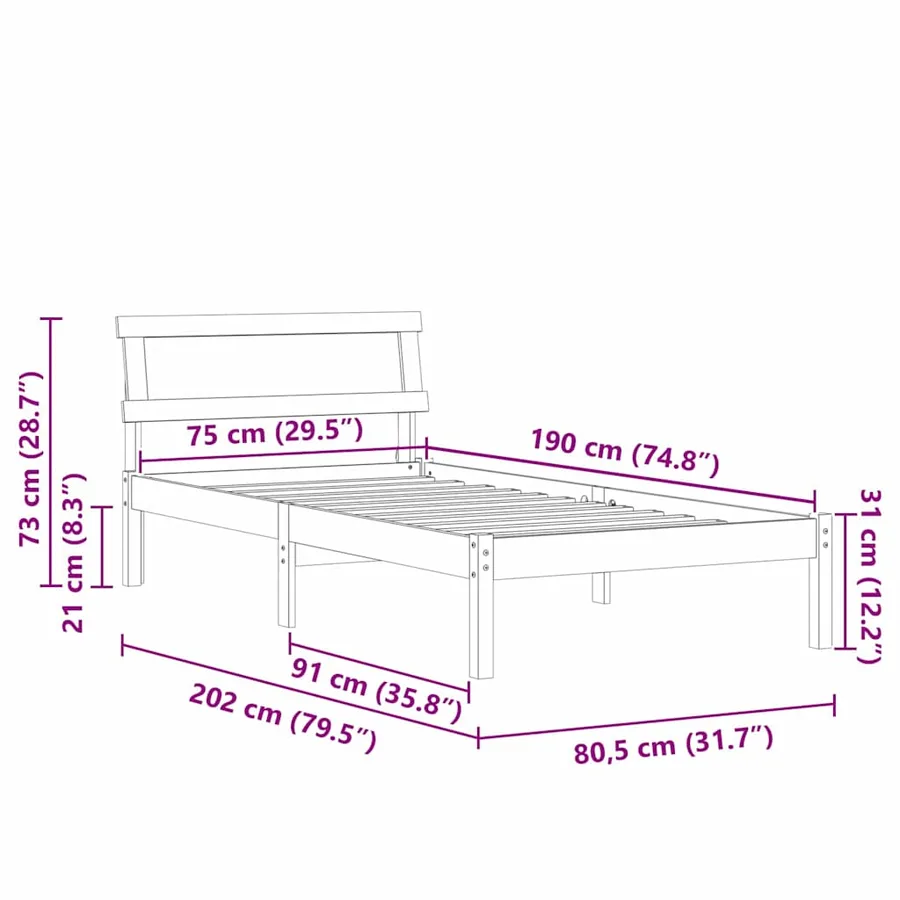 Cadre de lit avec tête de lit Brun cire 75 x 190 cm Pin massif - 11