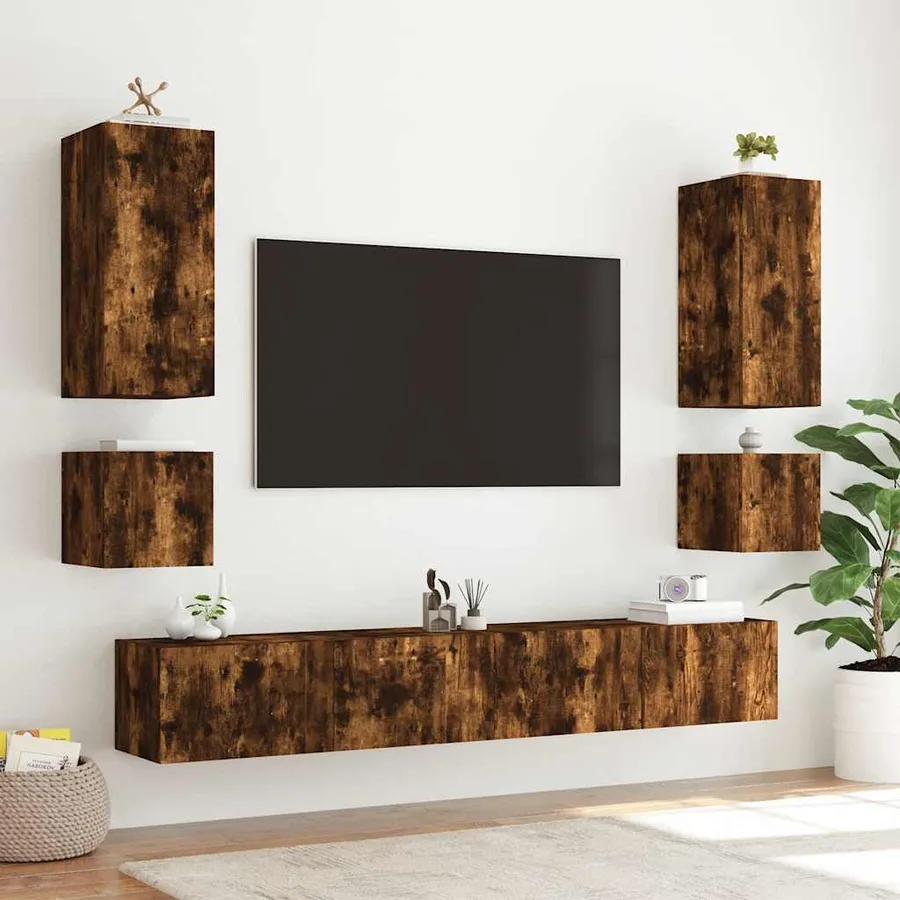 Meuble TV mural avec lumières LED chêne fumé 100x35x31 cm - 6