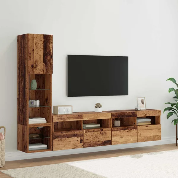 Unité murale de TV avec LED 4 pcs Bois ancien Bois d'ingénierie