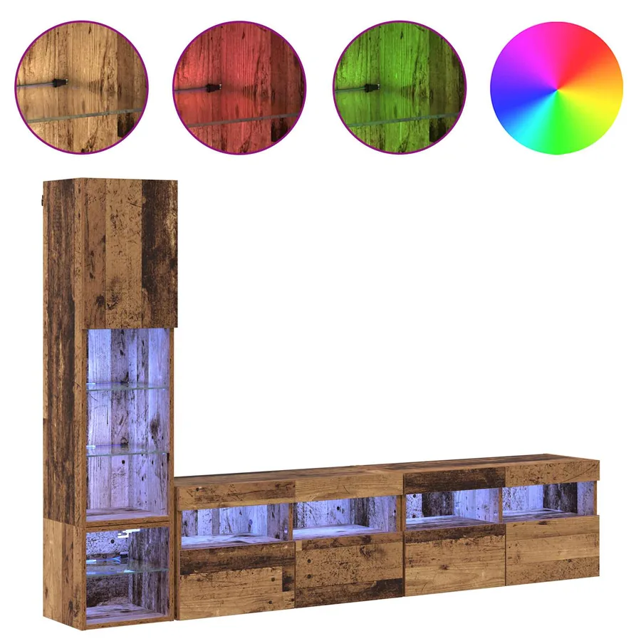Unité murale de TV avec LED 4 pcs Bois ancien Bois d'ingénierie - 4